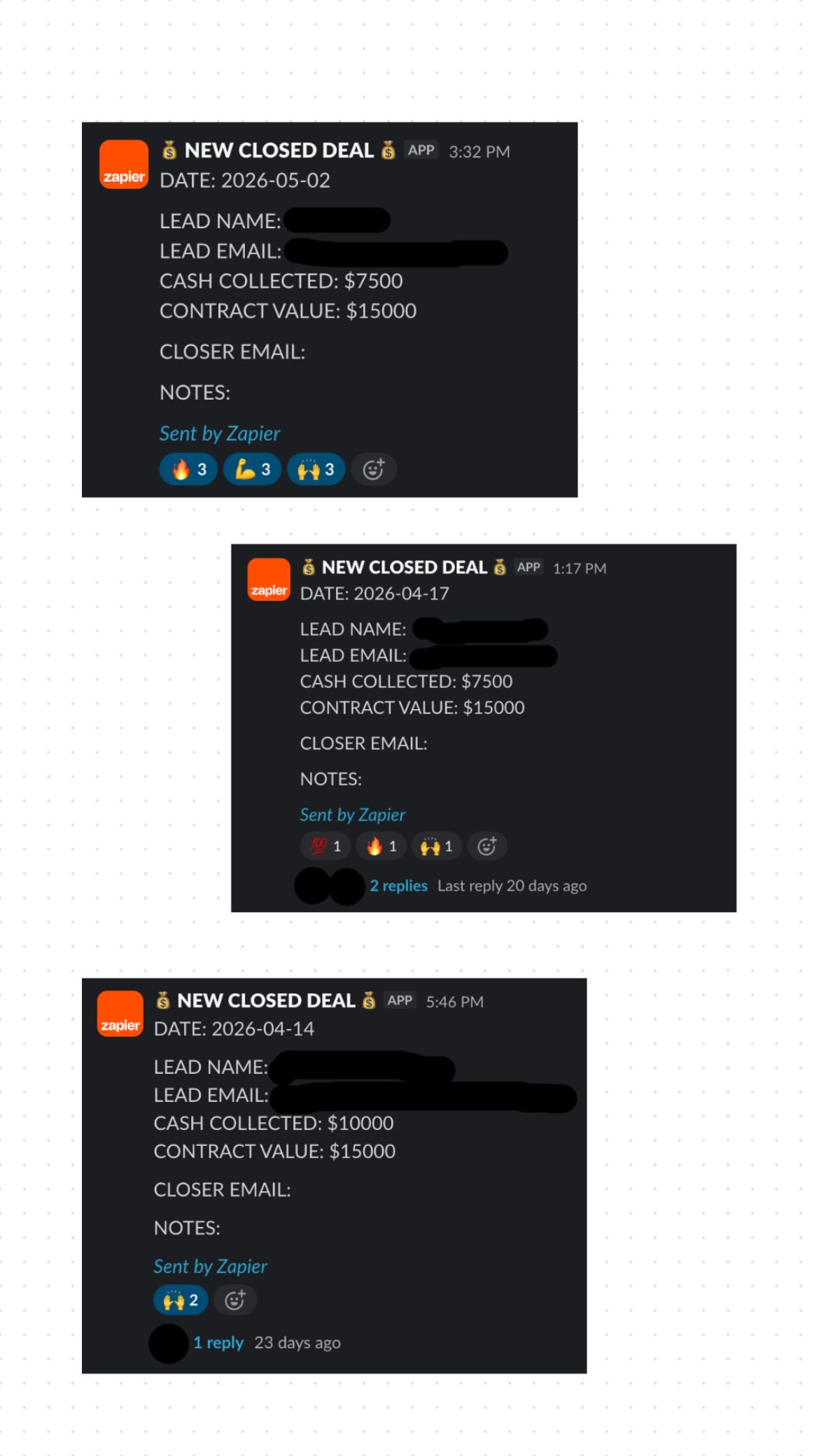 Closed deals — $7.5K, $7.5K, $10K